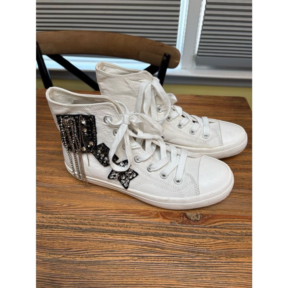 Lauren Lorraine White High-Top Sneakers with Black Beaded Patches and Chains